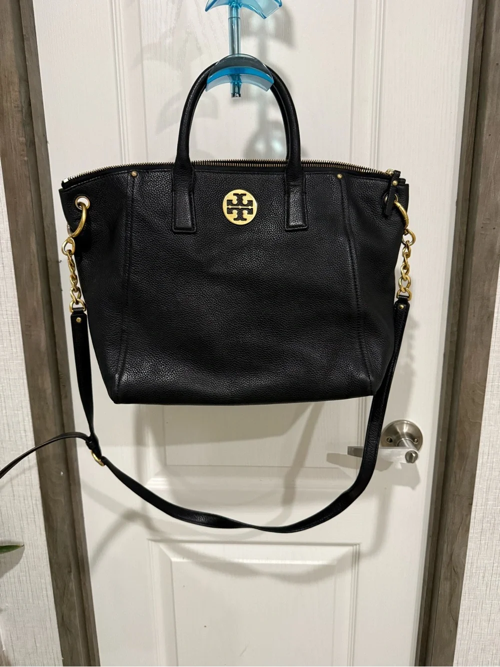 Tory Burch Black Pebbled Leather Shoulder Bag with Gold Logo